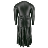 Plus Size Women Pu-Leather Round Neck Long Sleeve Cake Dress