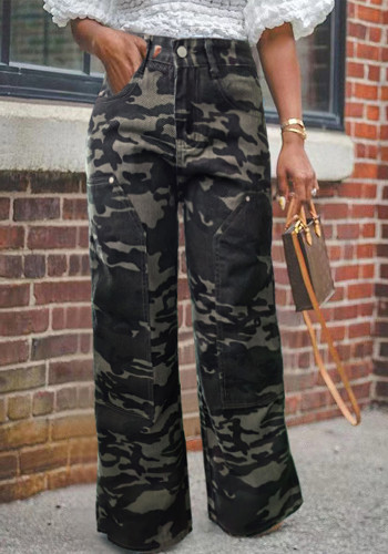 Women Pocket Cargo trousers Camouflage Straight Washed Denim Pants