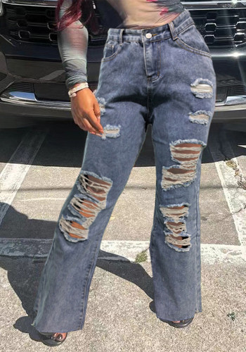 Women Pocket Ripped Straight Washed Denim Pants