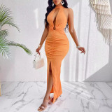 Summer Fashion Casual Women's Solid Color Metallic Decoration Lace-Up Sexy Hollow long Dress