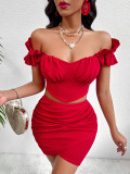 Women's summer solid color sexy style Off Shoulder Slim two piece skirt set
