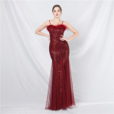 luxury feather mesh sequined long evening dress