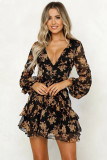Spring and summer women's long-sleeved printed v-neck casual dress