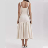 Summer Round Neck Sleeveless Solid Color Pleated Slim Dress