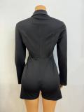 Women's Casual Turndown Collar Slim Waist Tassel Black jumpsuit