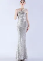Luxury Sequin Slash shoulder Sleeveless Mermaid Plus Size Formal Party Evening Dress