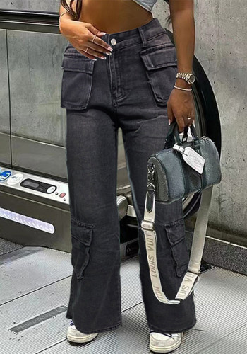 Women Pocket Cargo trousers Wide Leg Straight Washed Denim Pants
