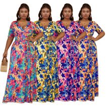 Plus Size Women Bohemian Beach Tie Dye Casual Slit Short Sleeve Maxi Dress