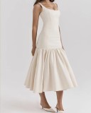 Summer Round Neck Sleeveless Solid Color Pleated Slim Dress