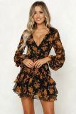 Spring and summer women's long-sleeved printed v-neck casual dress