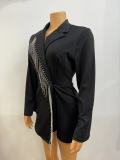 Women's Casual Turndown Collar Slim Waist Tassel Black jumpsuit