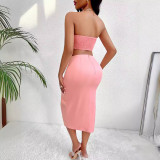 Women's Summer Strapless Casual Top Bow Skirt two piece Set