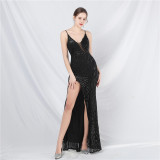 luxury beaded sequin mesh See-Through strap long evening dress