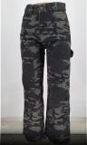 Women Pocket Cargo trousers Camouflage Straight Washed Denim Pants