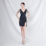 Elegant luxury sequin v-neck Short Party Dresses