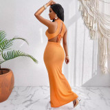 Summer Fashion Casual Women's Solid Color Metallic Decoration Lace-Up Sexy Hollow long Dress