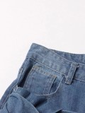 Lace-Up Pocket Wide Leg Straight Washed Denim Pants