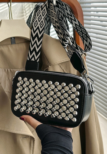 Popular Bags Fashion Rivets Trendy Women's Wide Shoulder Strap Crossbody Square Bag