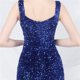 Luxury strap sequined long evening gown