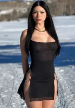 Sexy summer women's Halter Neck slit mesh See-Through Slim Dress