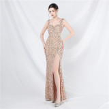 Luxury strap sequined long evening gown