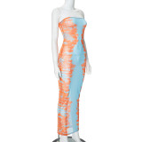 Women's Summer Fashion See-Through Mesh Printed strapless Casual Dress