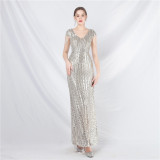 luxury beaded sequins long A-line evening dress
