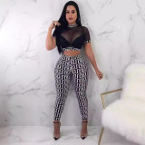Women summer sexy mesh See-Through Top and Pant two-piece set