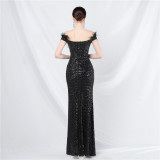 Women ostrich feather lace Beaded palace vest fishbone evening dress