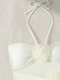 Women Halter Neck Strappy 3D Flower One-piece Swimwear