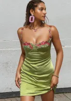 Women Holiday Suspenders Chic Sexy Embroidered Trim Bodycon Dress