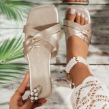 Women Outdoor Wear Summer Square Toe Cross Strap Flat Slippers