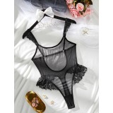 Women Ruffle Patchwork Mesh See-Through Backless Body Shaping Bodysuit Sexy Underwear