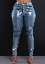 Women Shiny Hot Silver Stretch Denim Pant