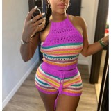 Summer Women Backless Halter Neck Top Sweater and Shorts Two-piece Set