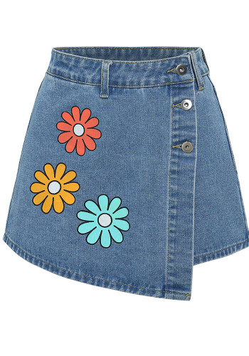 Women Multi-Color Floral Print Asymmetric Denim Skirt
