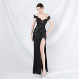 Women ostrich feather lace Beaded palace vest fishbone evening dress