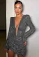Women Underwire Pleated Long Sleeve Sexy Shoulder Pad V Neck Dress
