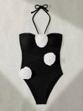 Women Halter Neck Strappy 3D Flower One-piece Swimwear