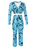 Women Autumn and Winter Geometric Line Print Casual Sexy Short Top and Pant Two-piece Set