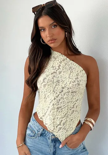 Women's Solid Lace Asymmetrical Slash Shoulder Top