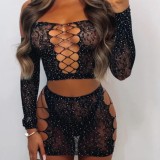 Women's Beaded Shiny Sexy Lingerie Off Shoulder Hollow Two Piece Skirt Set Net Clothes