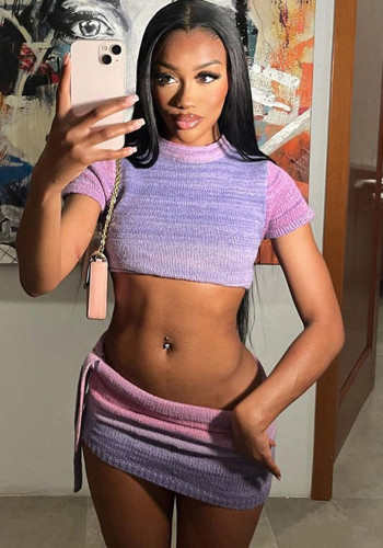Summer Sexy Slim Fit Tight Fitting Crop Short Sleeve Top Mini Skirt Two Piece Set