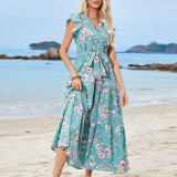 Printed Belt V-Neck Short Sleeve Bohemian Holidays Beach Dress