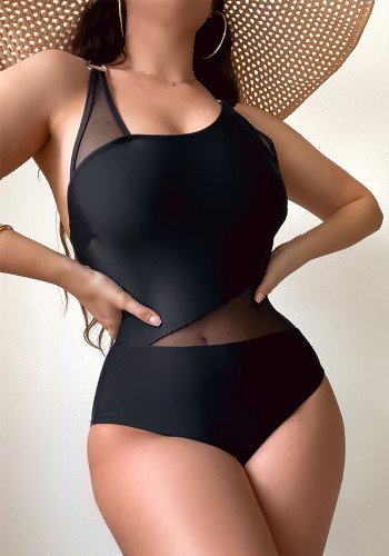 Sexy Solid Color Mesh Patchwork One-Piece Swimsuit