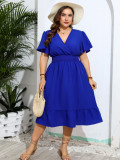 Summer Chic Slim Waist V Neck Solid Color Plus Size Dress