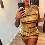 Summer Women Backless Halter Neck Top Sweater and Shorts Two-piece Set