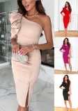 Career Solid Color Slash Shoulder Slim Waist Irregular Slit Dress