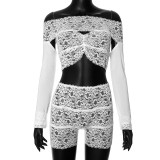 Women summer lace Patchwork Off Shoulder Top And stretch shorts two-piece set