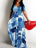 Plus Size Women Printed Short Sleeve Maxi Dress